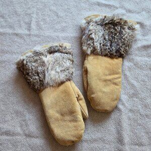 Stunning Tan Suede and Real Fur Mittens Shearling Lining